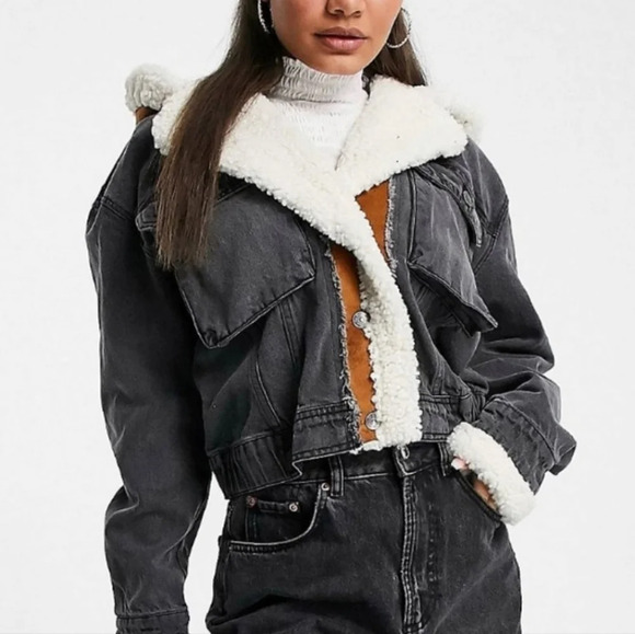 Free people perry hooded denim jacket in washed black sherpa trim size S - Picture 1 of 11